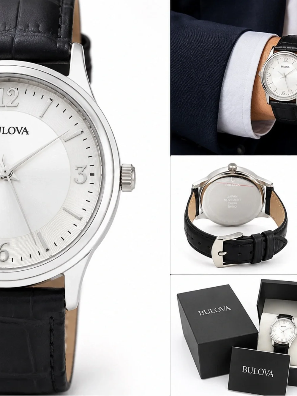 Bulova Silver Dial Watch with Black Leather Strap